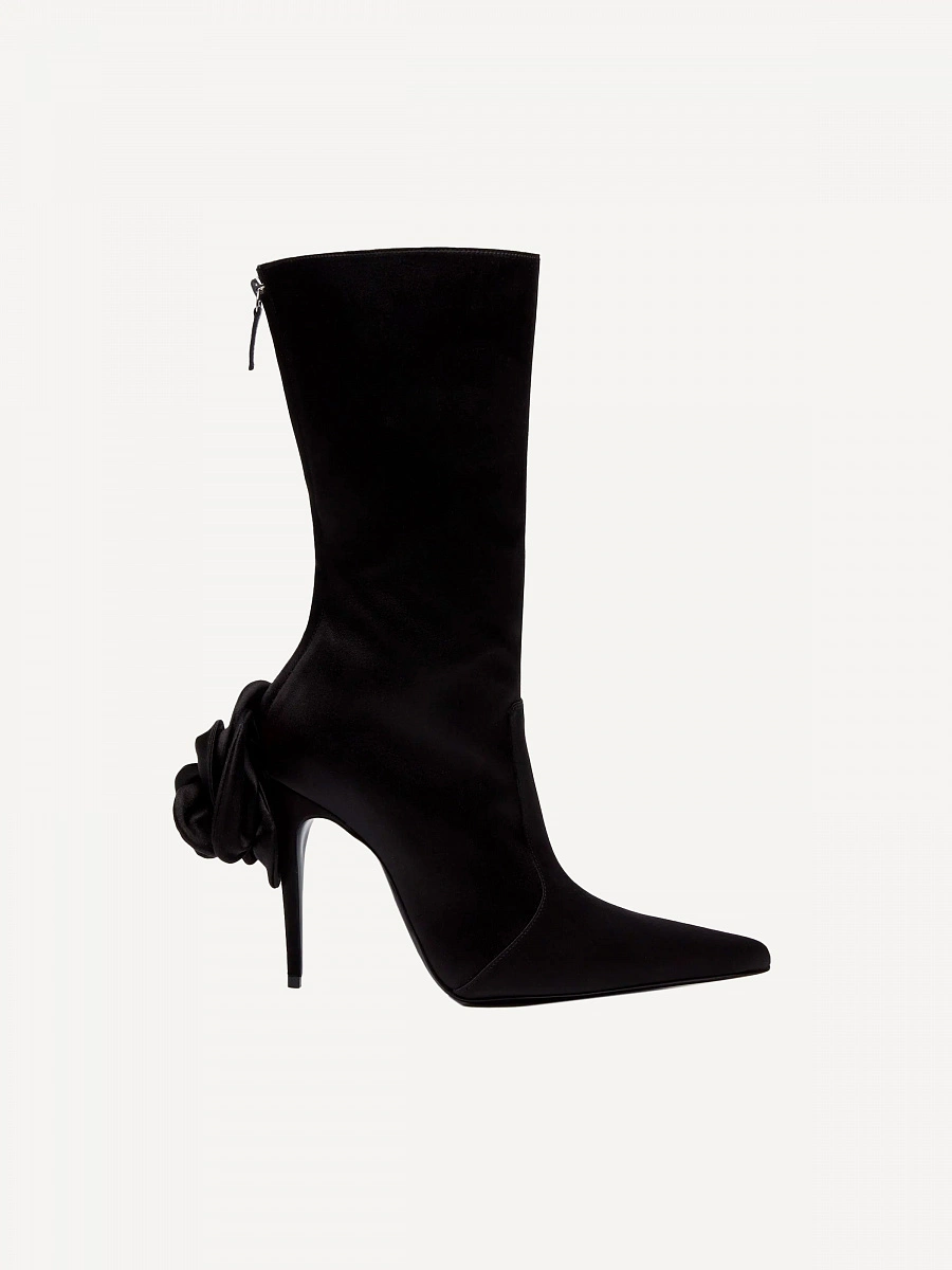 SHARP POINTED FLOWER BOOTS SATIN BLACK