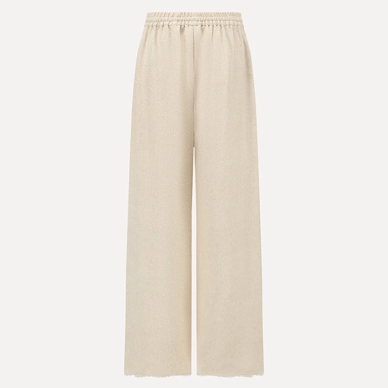 Ivory textured wool fringed straight pants