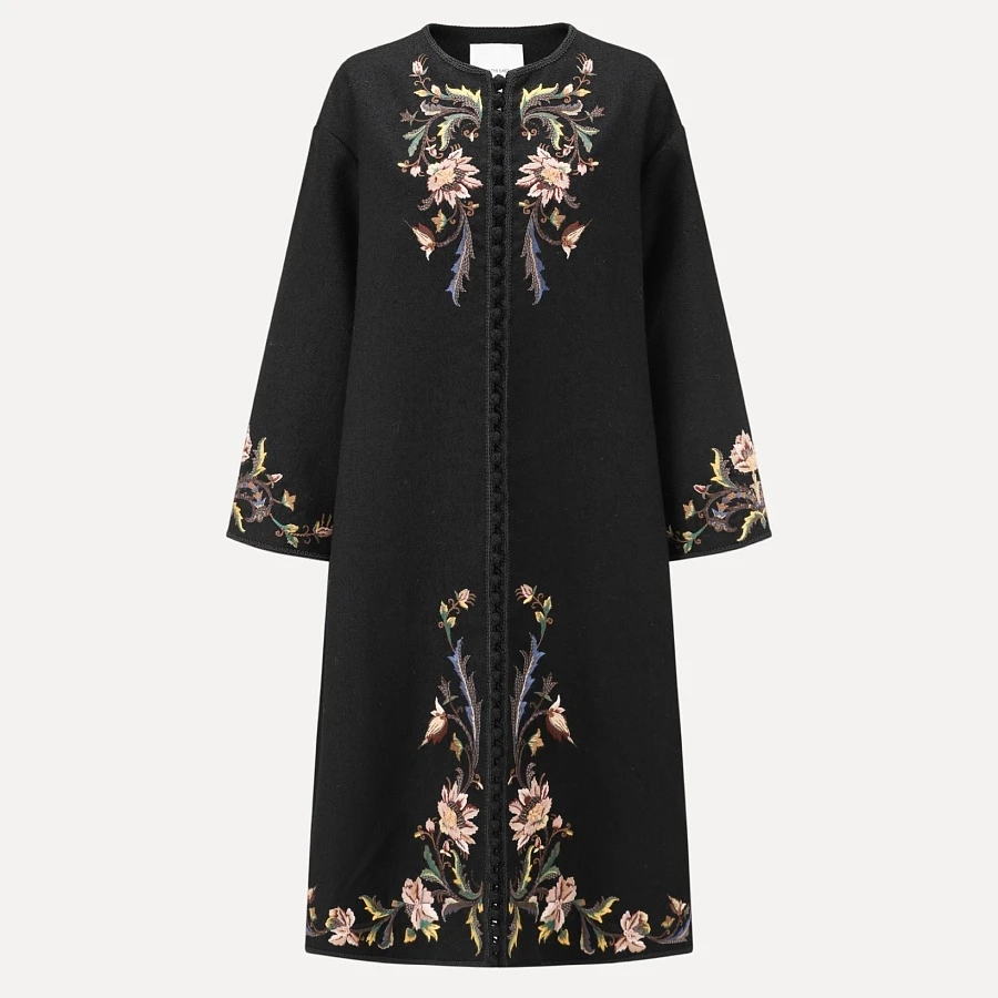 Floral pattern embroidered long coat