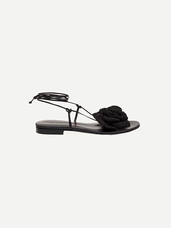 WRAP AROUND FLAT FLOWER SANDALS CROCHET BLACK