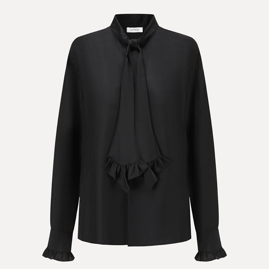 Black lace tie silk shirt