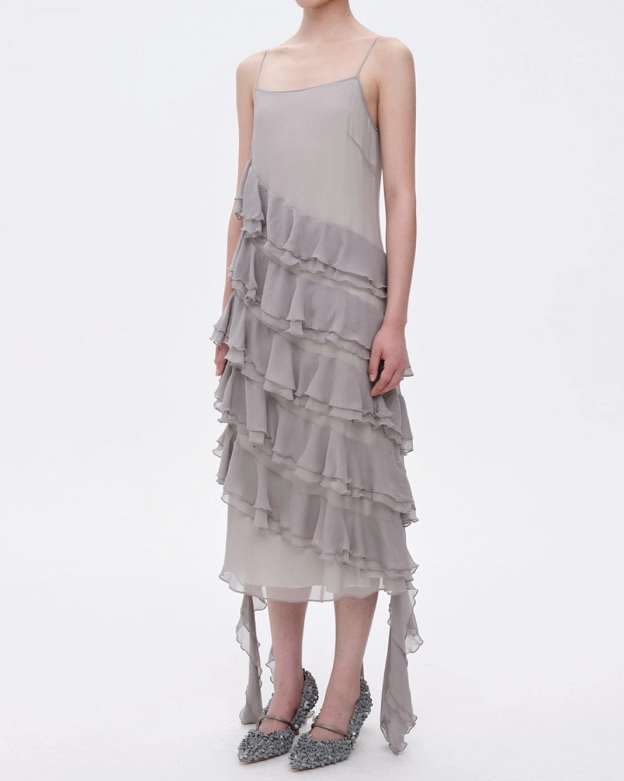 Grey Flouncing Dress in Silk Georgette