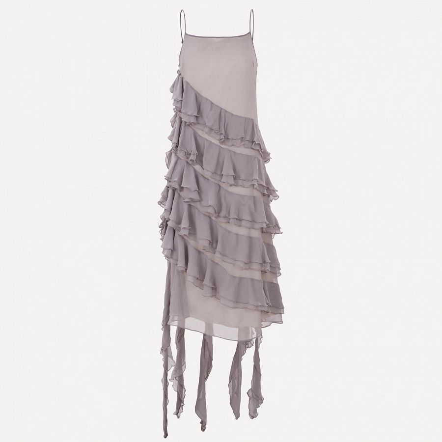 Grey Flouncing Dress in Silk Georgette