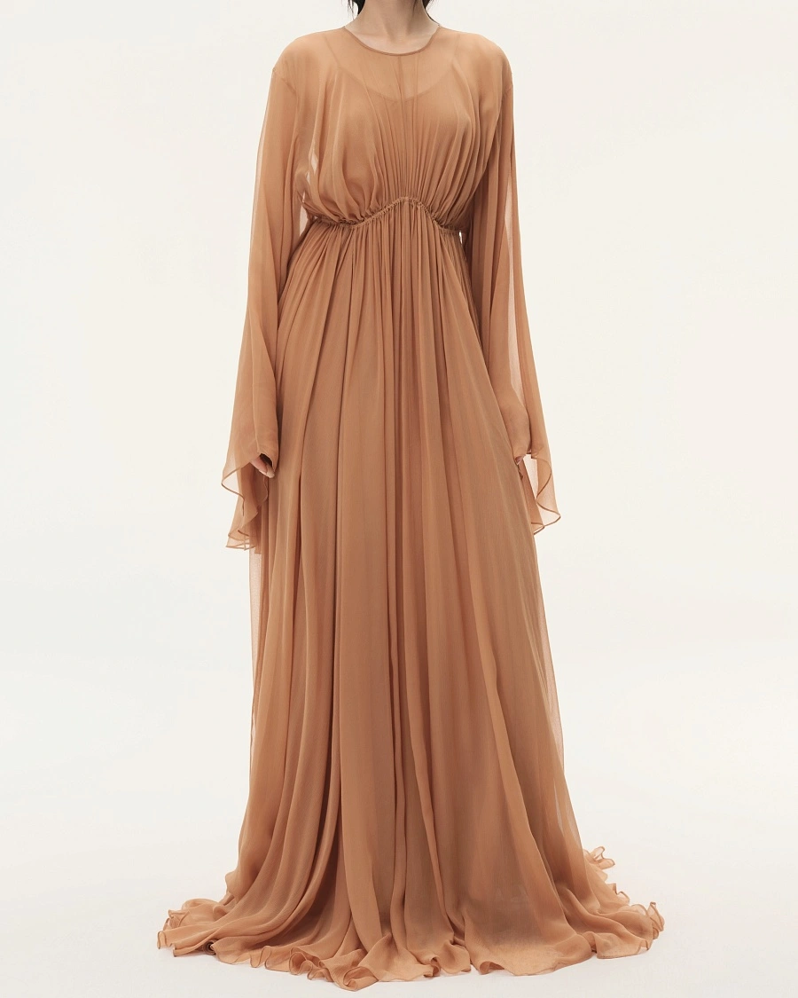 Coral Pink Gathered Long Sleeve Dress
