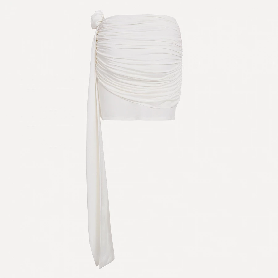 White Twisted Jersey Mini Skirt with Rose Ribbon