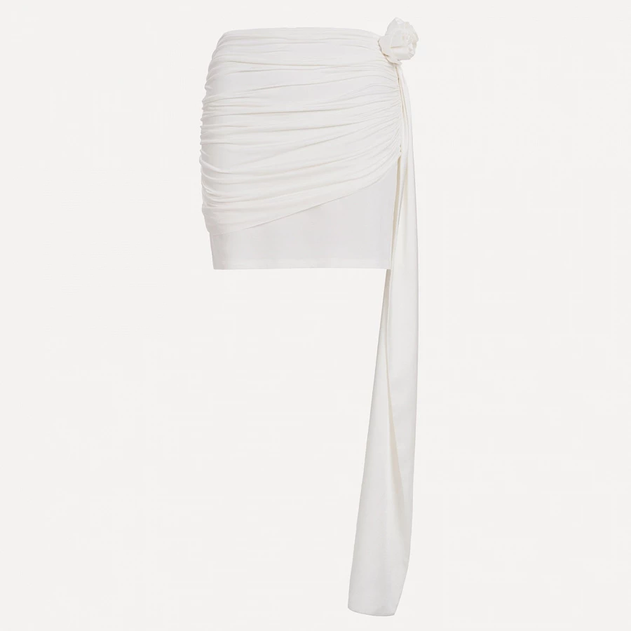 White Twisted Jersey Mini Skirt with Rose Ribbon