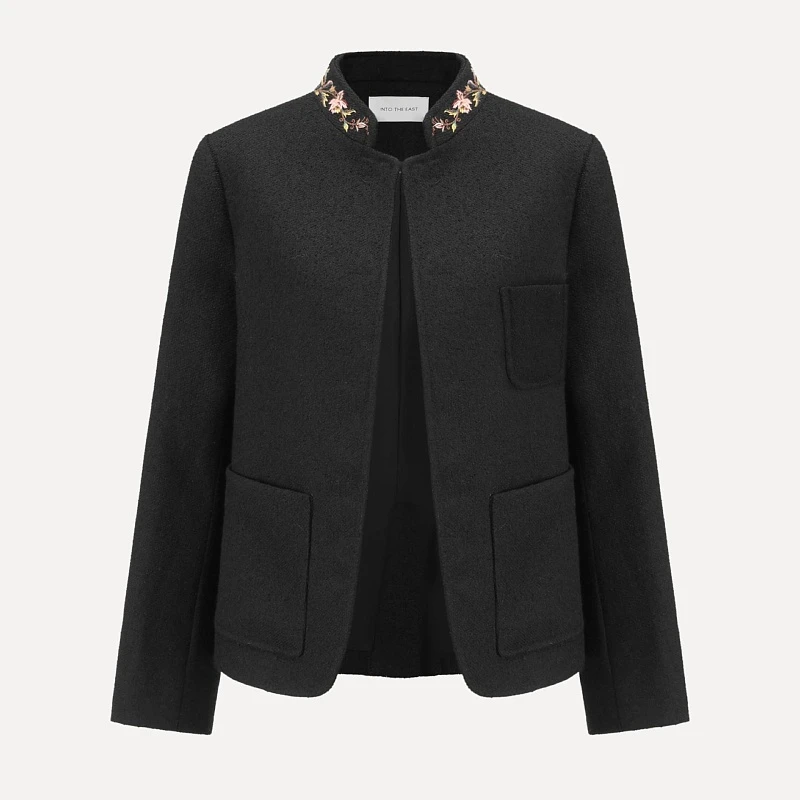 Floral pattern embroidered stand collar coat