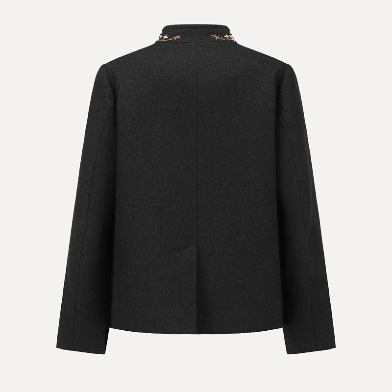 Floral pattern embroidered stand collar coat