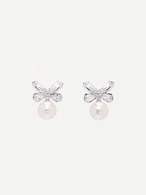 Zirconia Butterfly Flower Pearl Stud Earrings