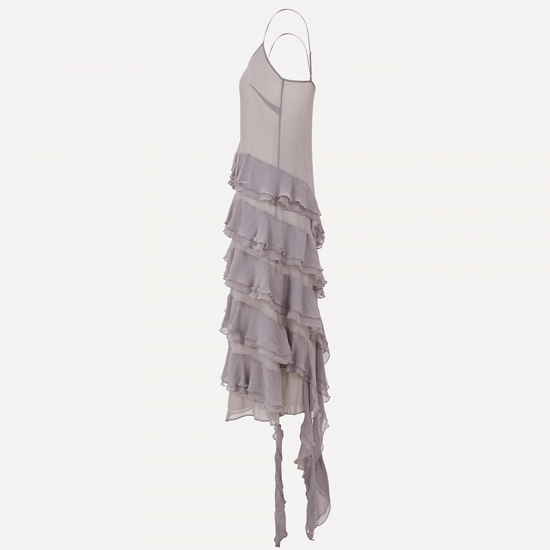 Grey Flouncing Dress in Silk Georgette