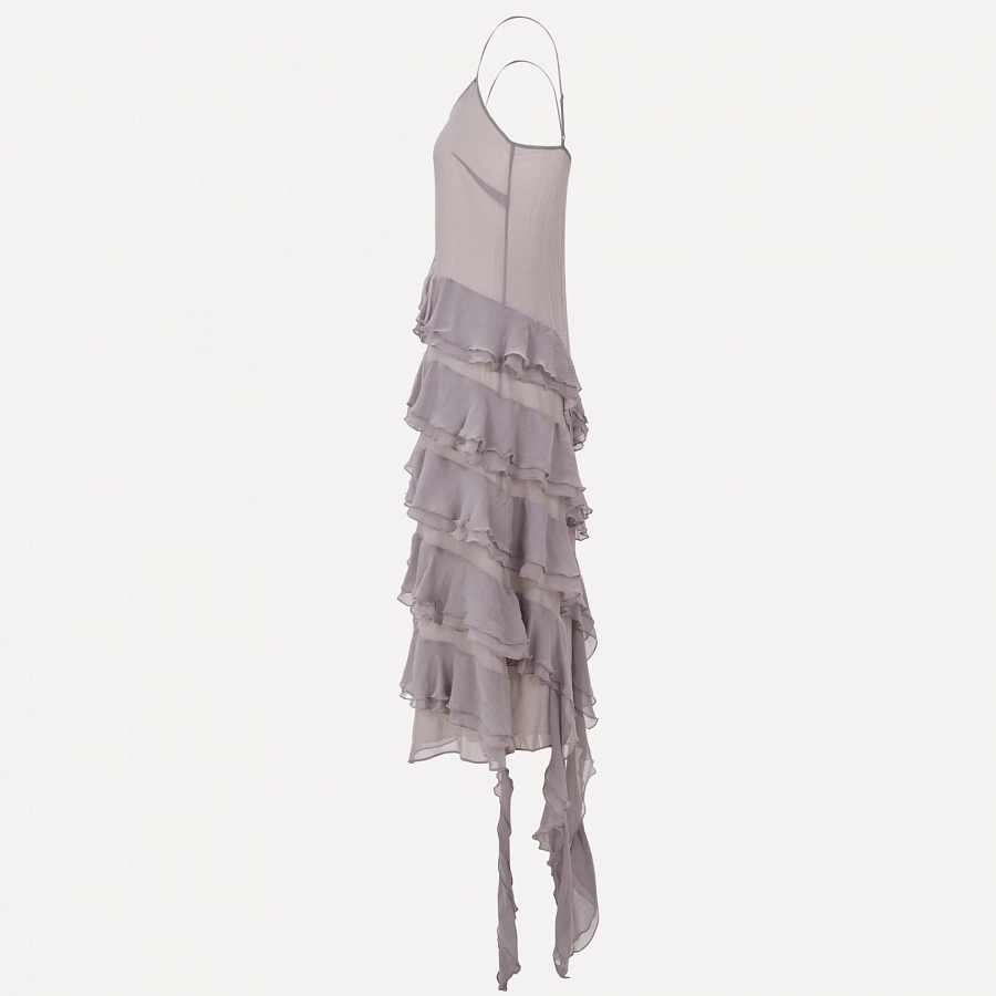 Grey Flouncing Dress in Silk Georgette