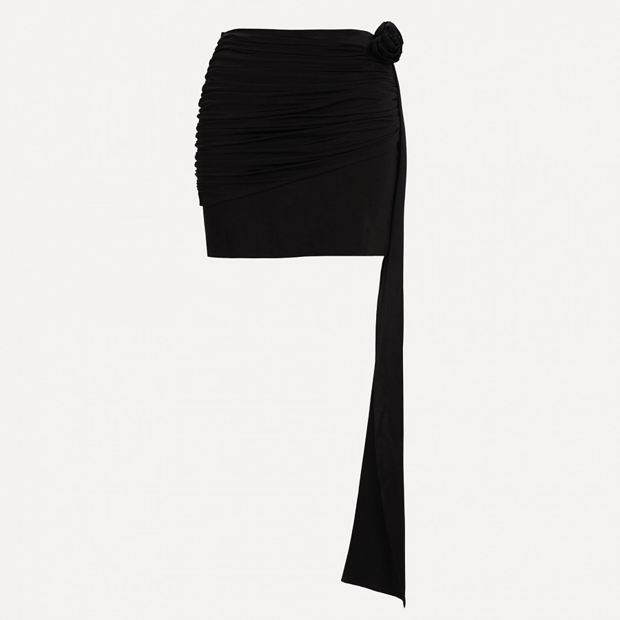 Black Twisted Jersey Mini Skirt with Rose Ribbon