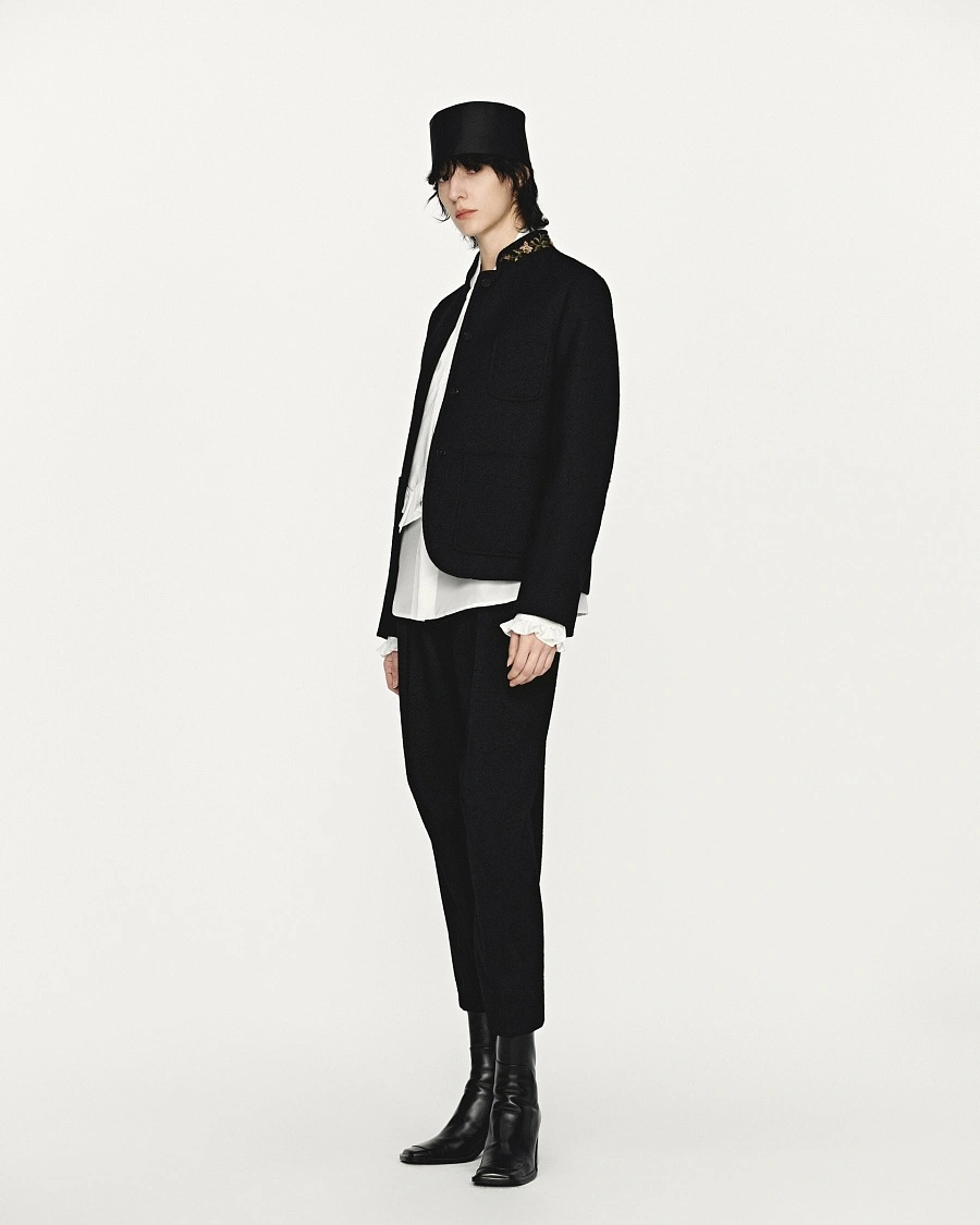 Black textured wool 3D skinny pants