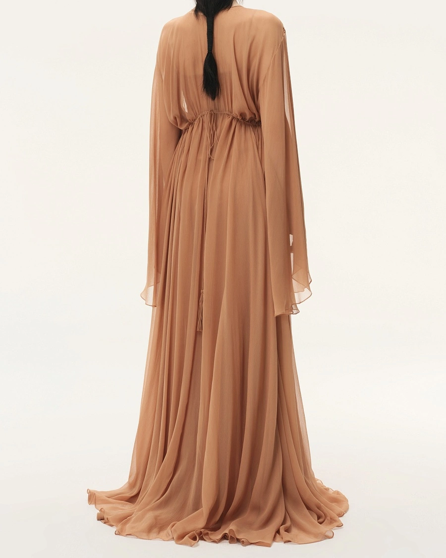 Coral Pink Gathered Long Sleeve Dress