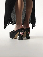 PLATFORM MULE BLACK SATIN EMBROIDERED