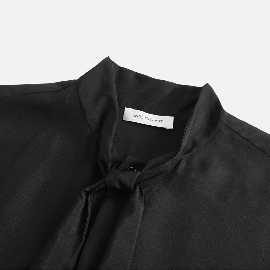 Black lace tie silk shirt