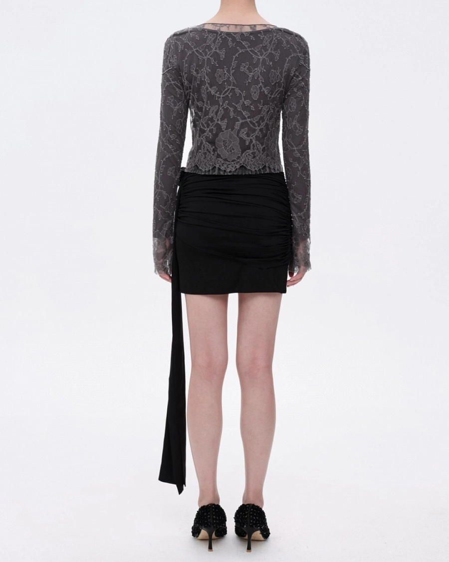 Black Twisted Jersey Mini Skirt with Rose Ribbon