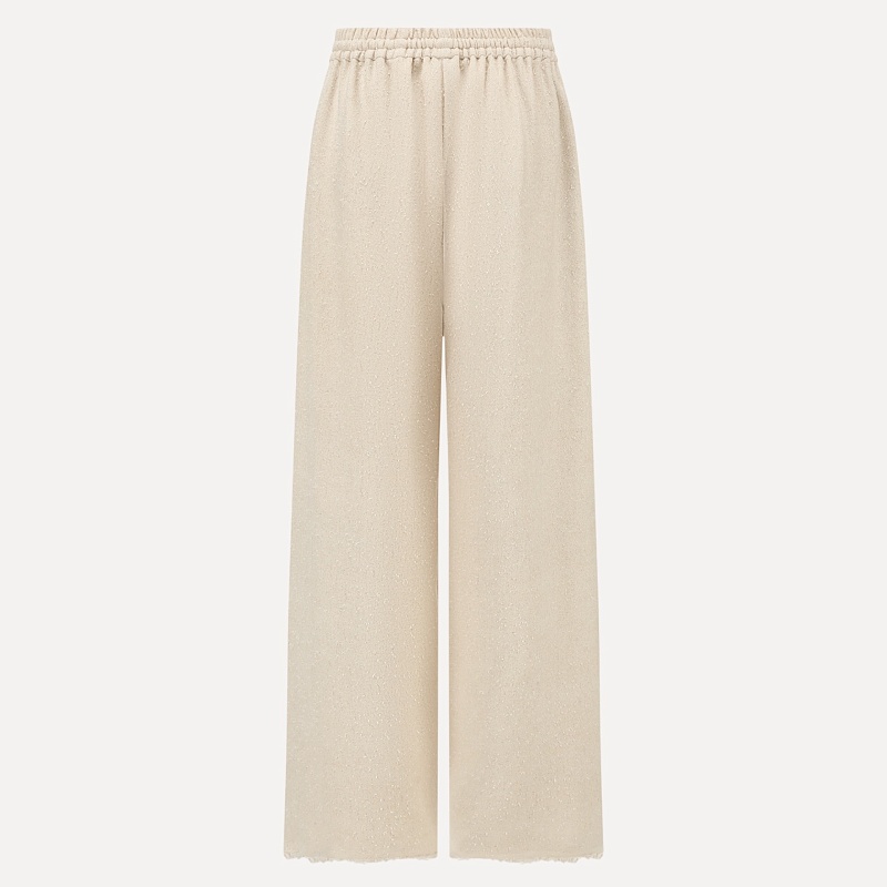 Ivory textured wool fringed straight pants