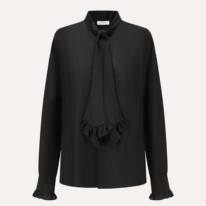 Black lace tie silk shirt