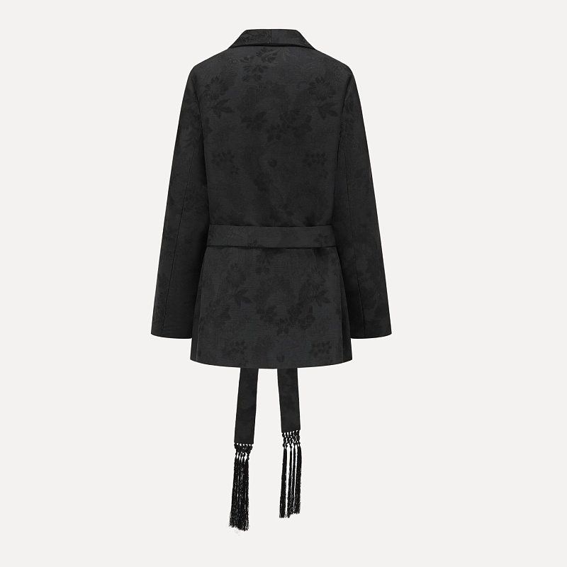 Dark pattern jacquard fringed tie coat