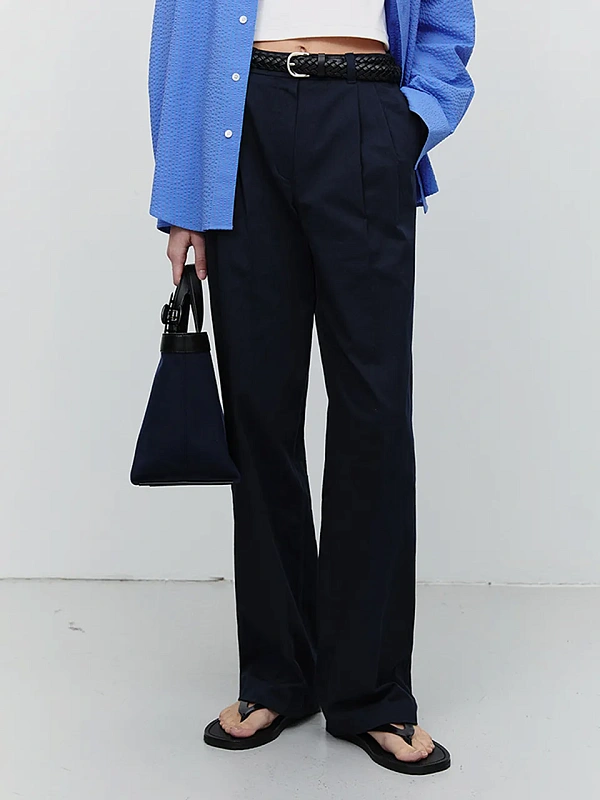 DOUBLE PLEATED CHINO SLACKS NAVY