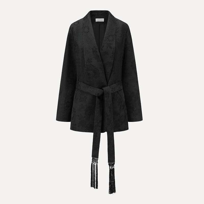 Dark pattern jacquard fringed tie coat