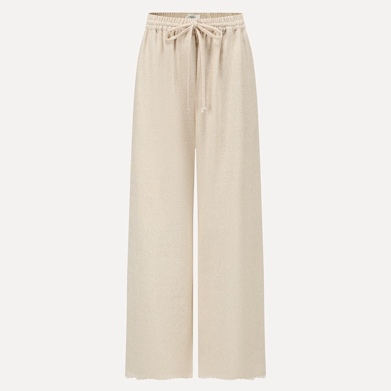 Ivory textured wool fringed straight pants