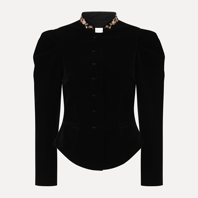 Black velvet embroidered flower lapel coat