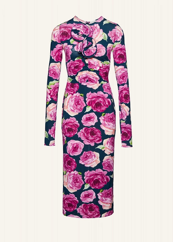 Long sleeve jersey midi dress in navy floral print