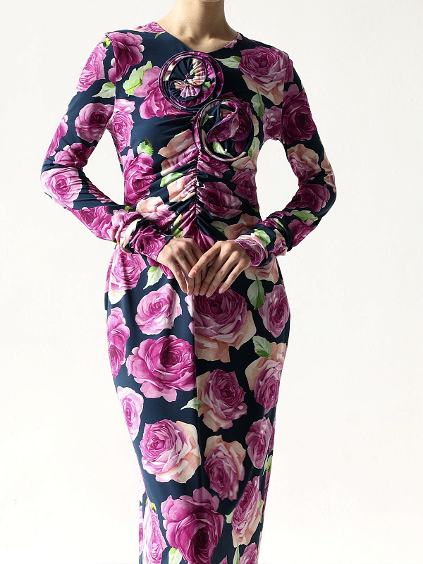 Long sleeve jersey midi dress in navy floral print