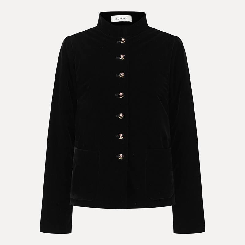 Black velvet embroidered flower button stand collar cotton jacket