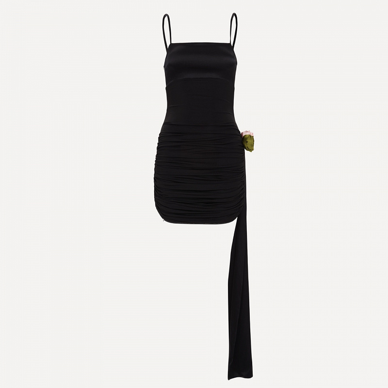 Black Twisted Jersey Slip Dress with Roses Scarf